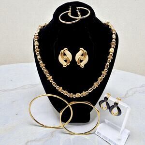 80s 90s Office Chic Jewelry Lot Gold Tone Statement Necklace Bangles Earrings